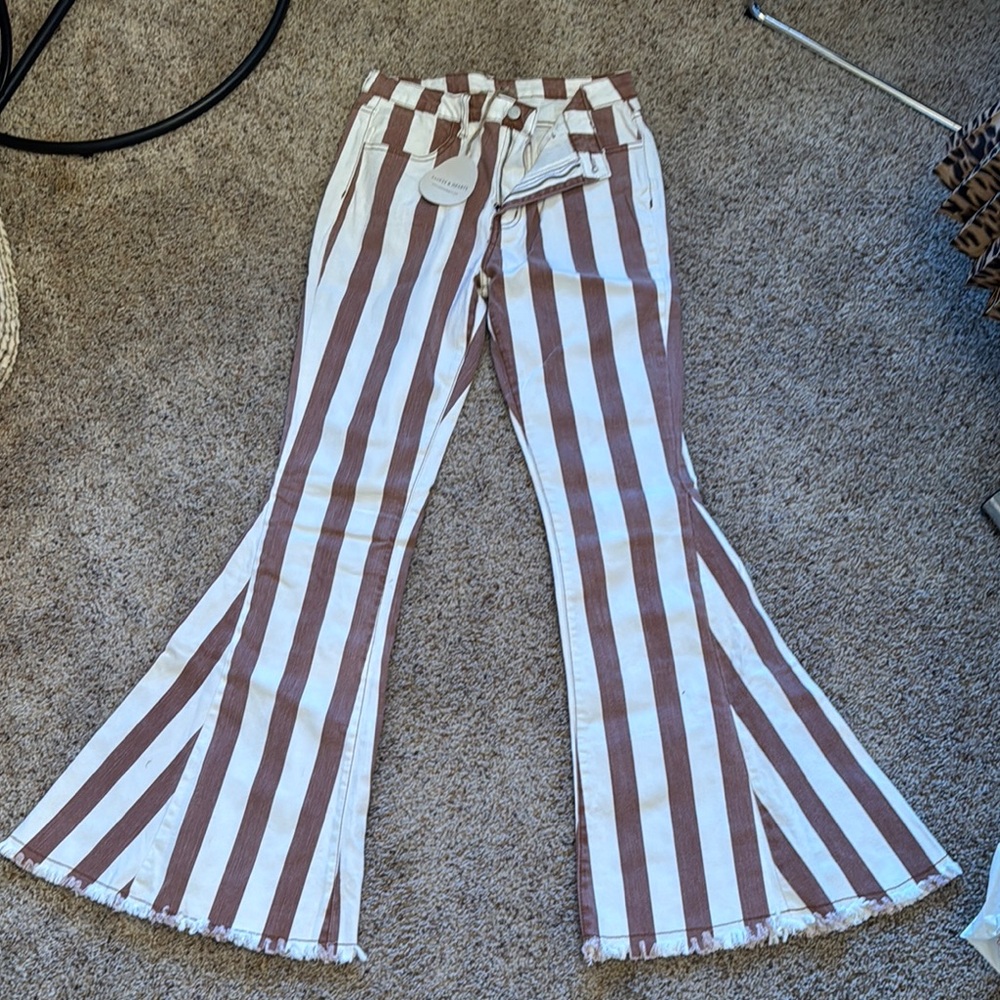 Women’s Brown and White super Flared Jeans with Vertical Stripes